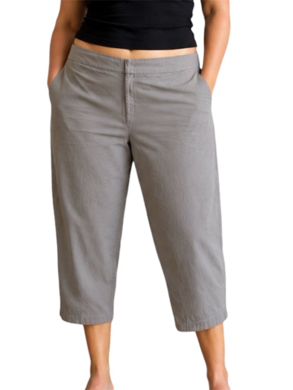 Size L Eileen Fisher Sage Green Cropped Pants Orange Trim 
